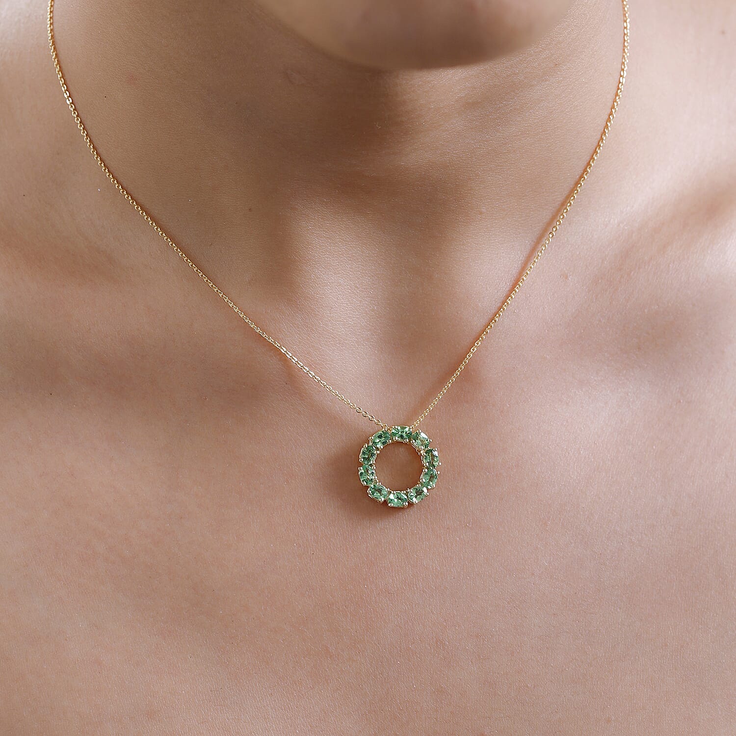 Premium Tsavorite Garnet Circle Pendant Necklace 20 Inches in Vermeil Yellow Gold Over Sterling Silver 1.75 ctw