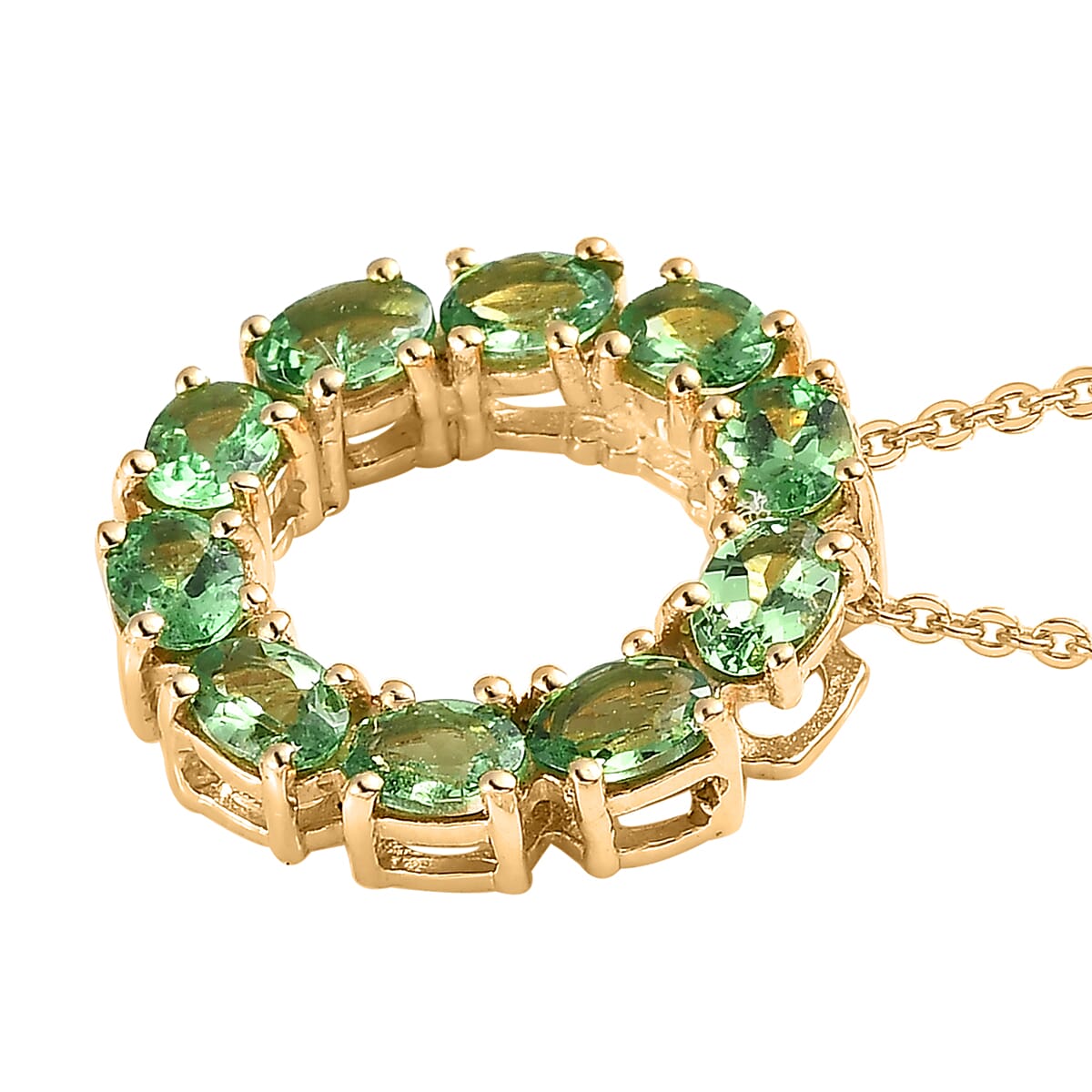 Premium Tsavorite Garnet Circle Pendant Necklace 20 Inches in Vermeil Yellow Gold Over Sterling Silver 1.75 ctw