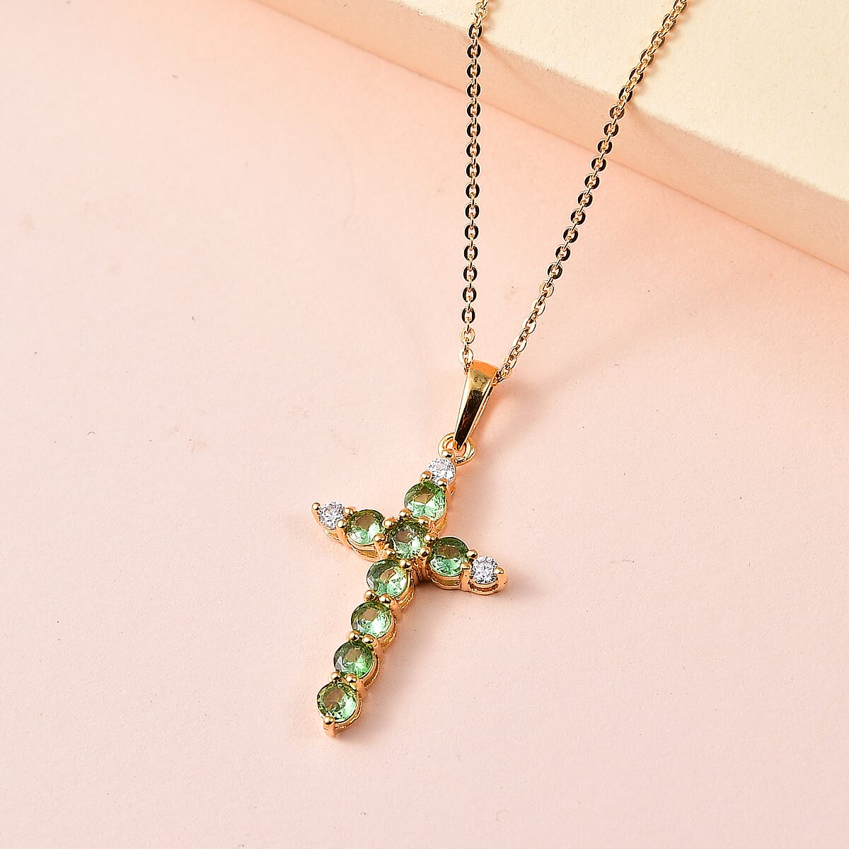Premium Tsavorite Garnet and Moissanite Cross Pendant Necklace 20 Inches in Vermeil Yellow Gold Over Sterling Silver 1.10 ctw image number 1