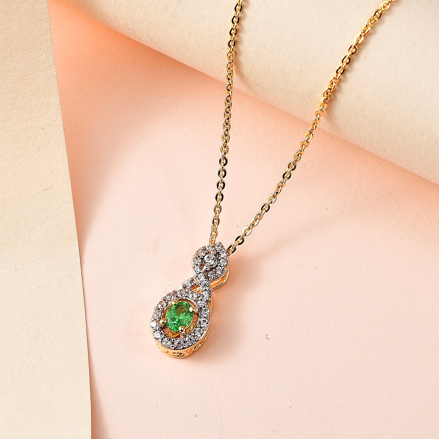 Premium Tsavorite Garnet and White Zircon Pendant Necklace 20 Inches in Vermeil Yellow Gold Over Sterling Silver 0.40 ctw