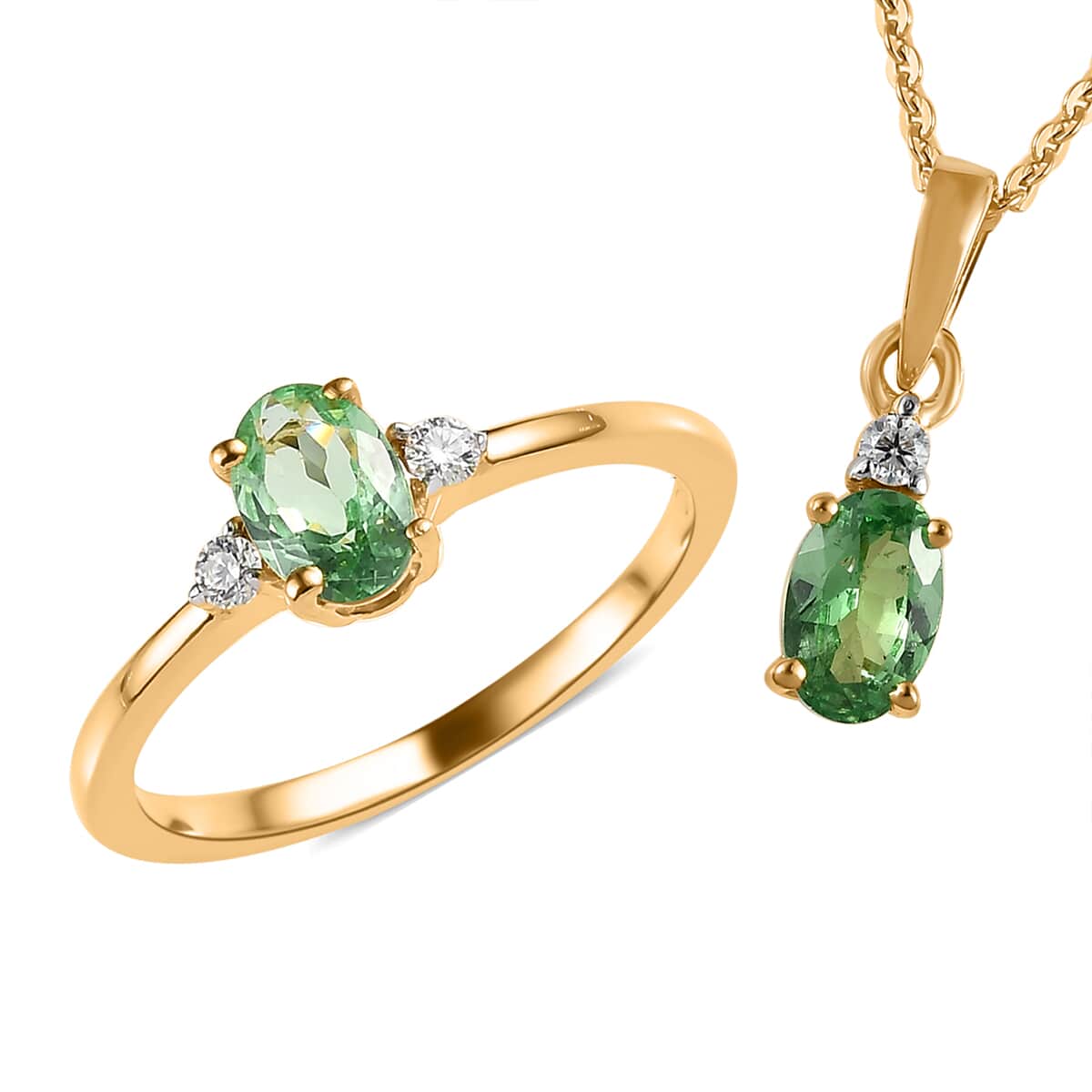 Premium Tsavorite Garnet and Moissanite Ring (Size 5.0) and Pendant Necklace 20 Inches in Vermeil Yellow Gold Over Sterling Silver 1.10 ctw image number 0