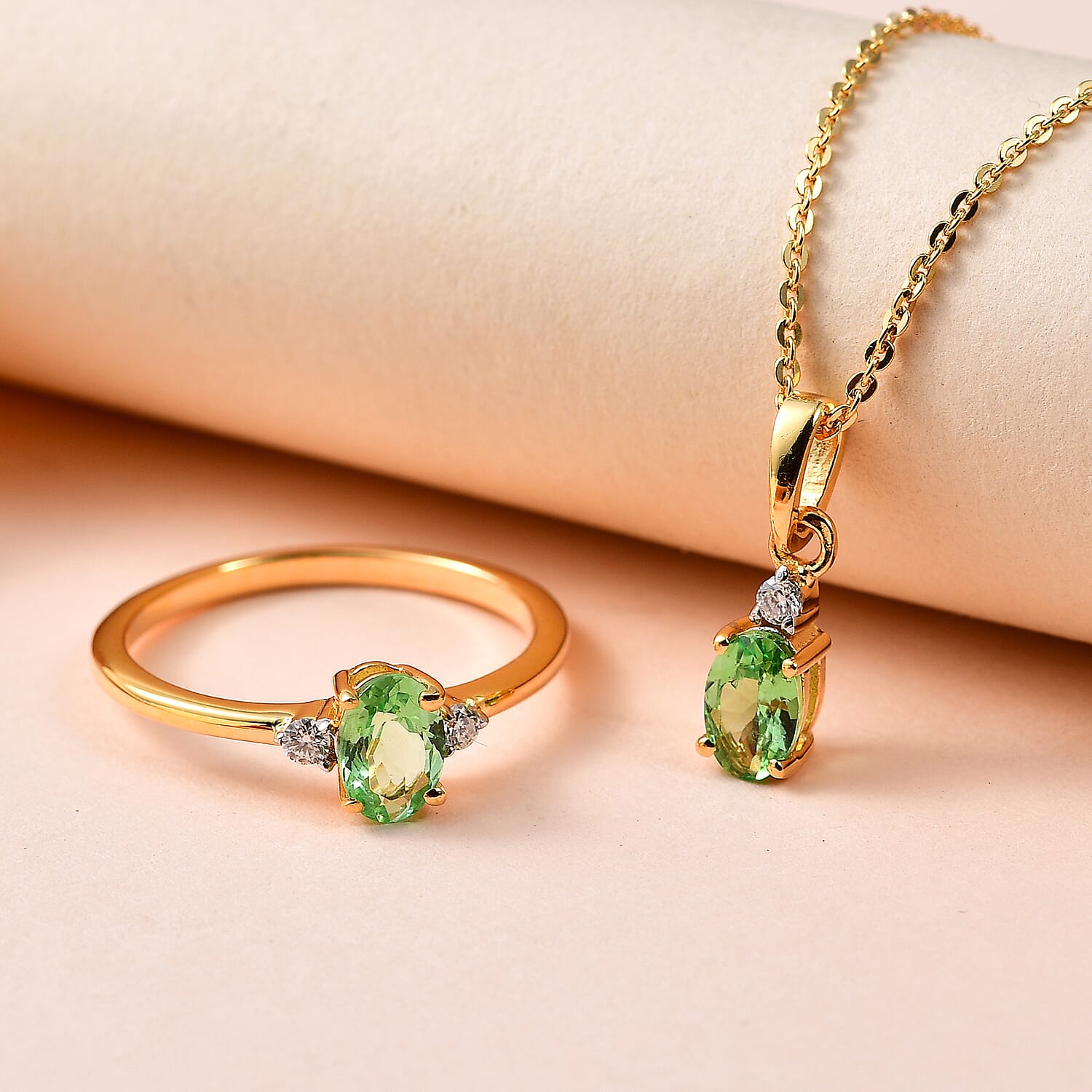 Premium Tsavorite Garnet and Moissanite Ring (Size 5.0) and Pendant Necklace 20 Inches in Vermeil Yellow Gold Over Sterling Silver 1.10 ctw