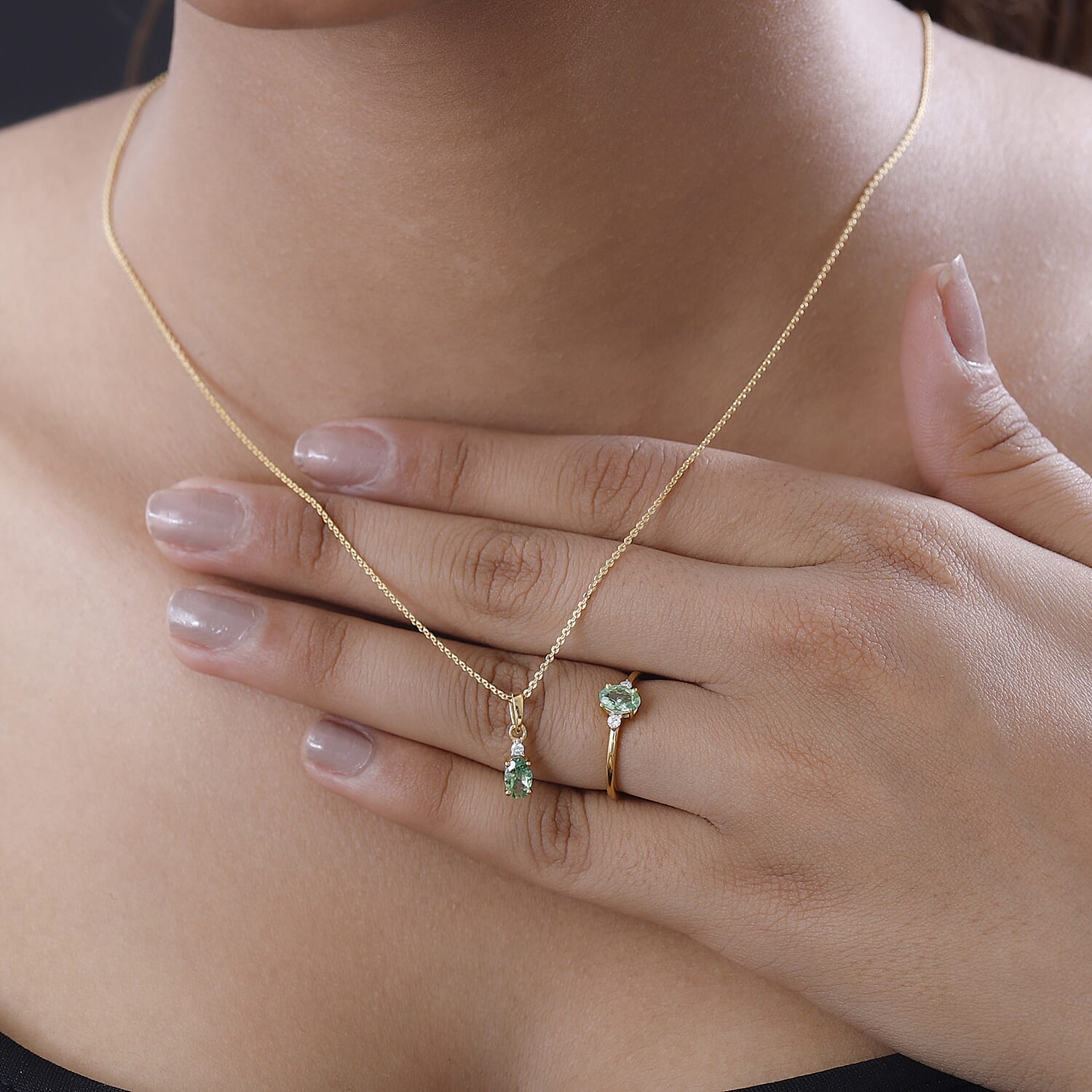 Premium Tsavorite Garnet and Moissanite Ring (Size 5.0) and Pendant Necklace 20 Inches in Vermeil Yellow Gold Over Sterling Silver 1.10 ctw