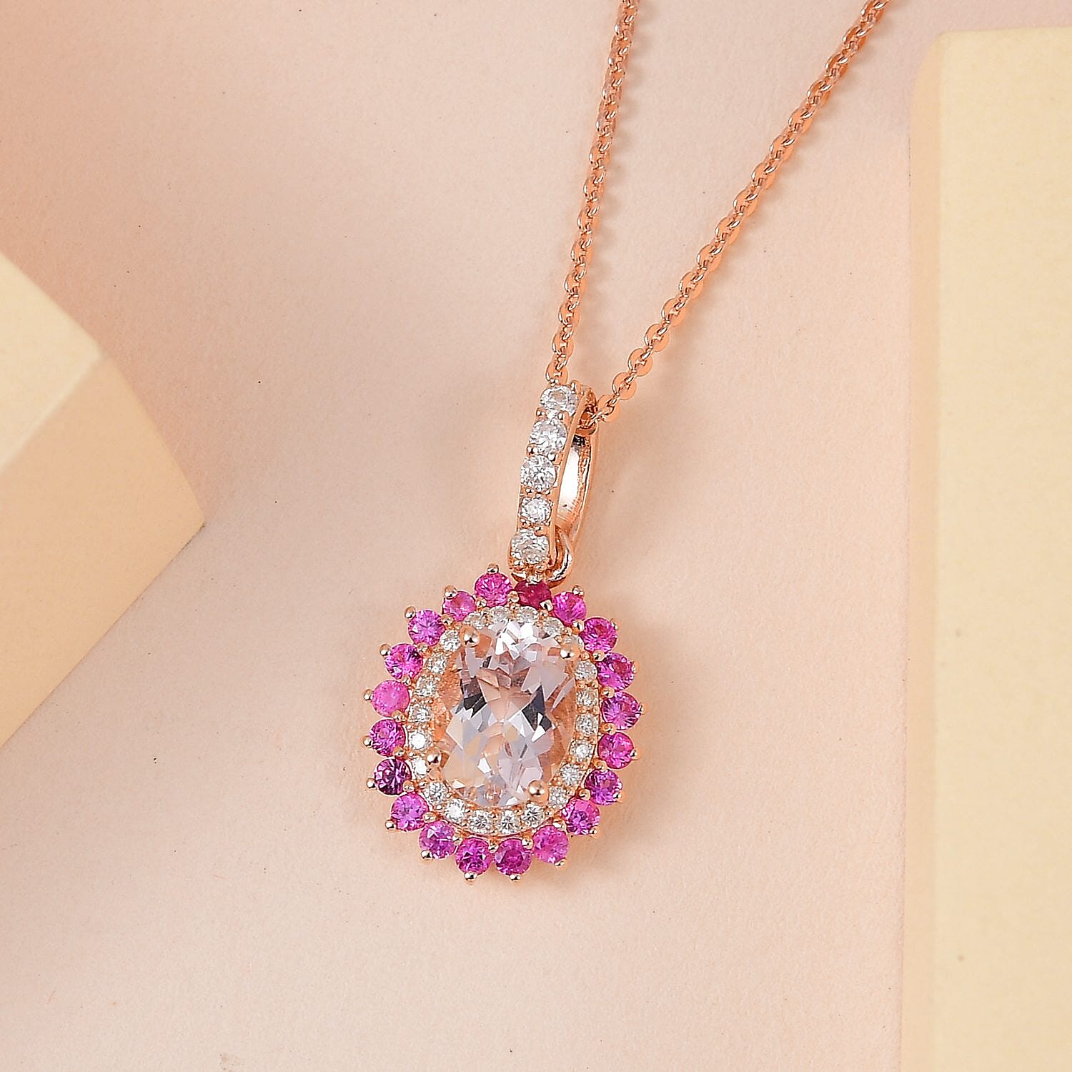 Pink Morganite and Multi Gemstone Sunburst Pendant Necklace 20 Inches in Vermeil Rose Gold Over Sterling Silver 1.65 ctw
