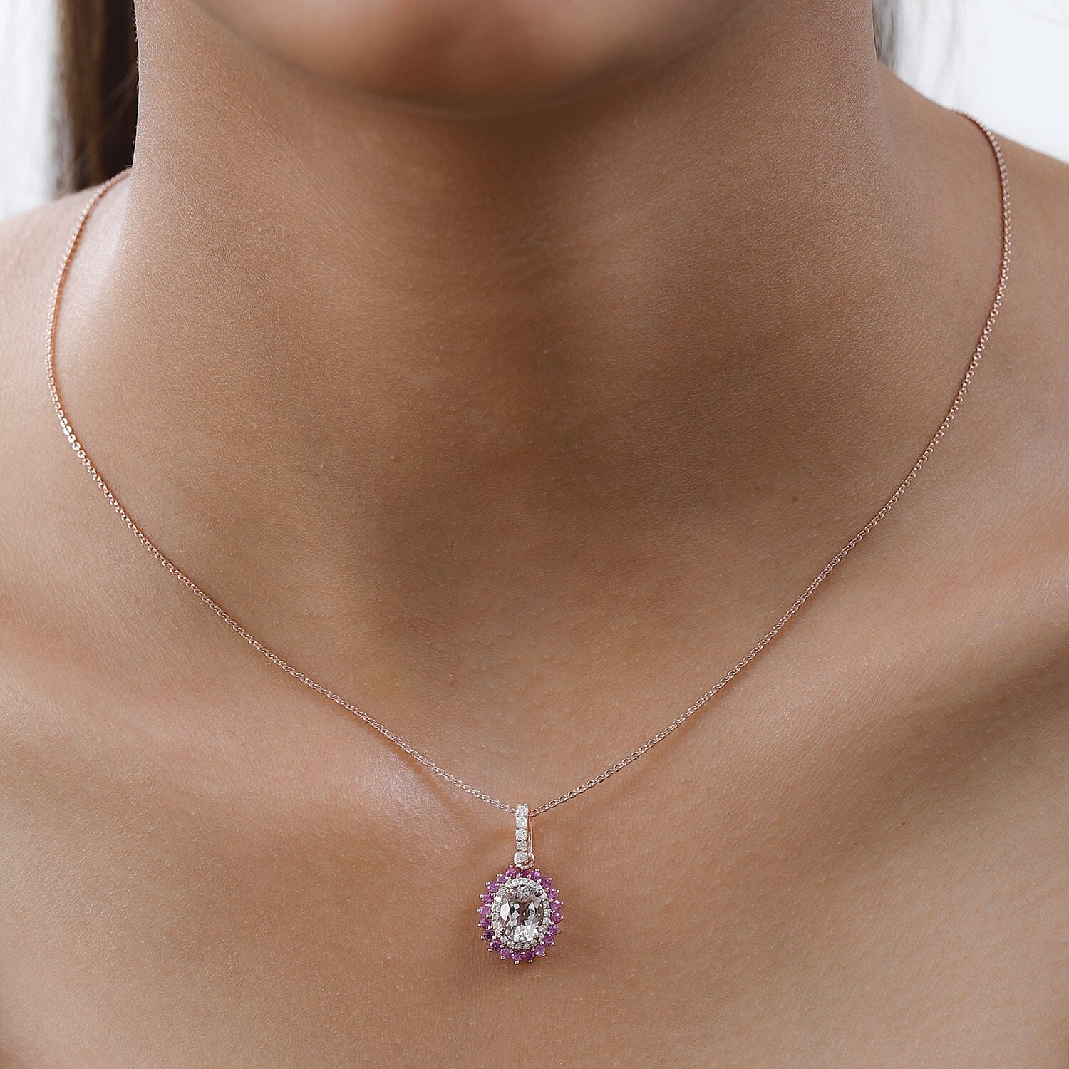 Pink Morganite and Multi Gemstone Sunburst Pendant Necklace 20 Inches in Vermeil Rose Gold Over Sterling Silver 1.65 ctw