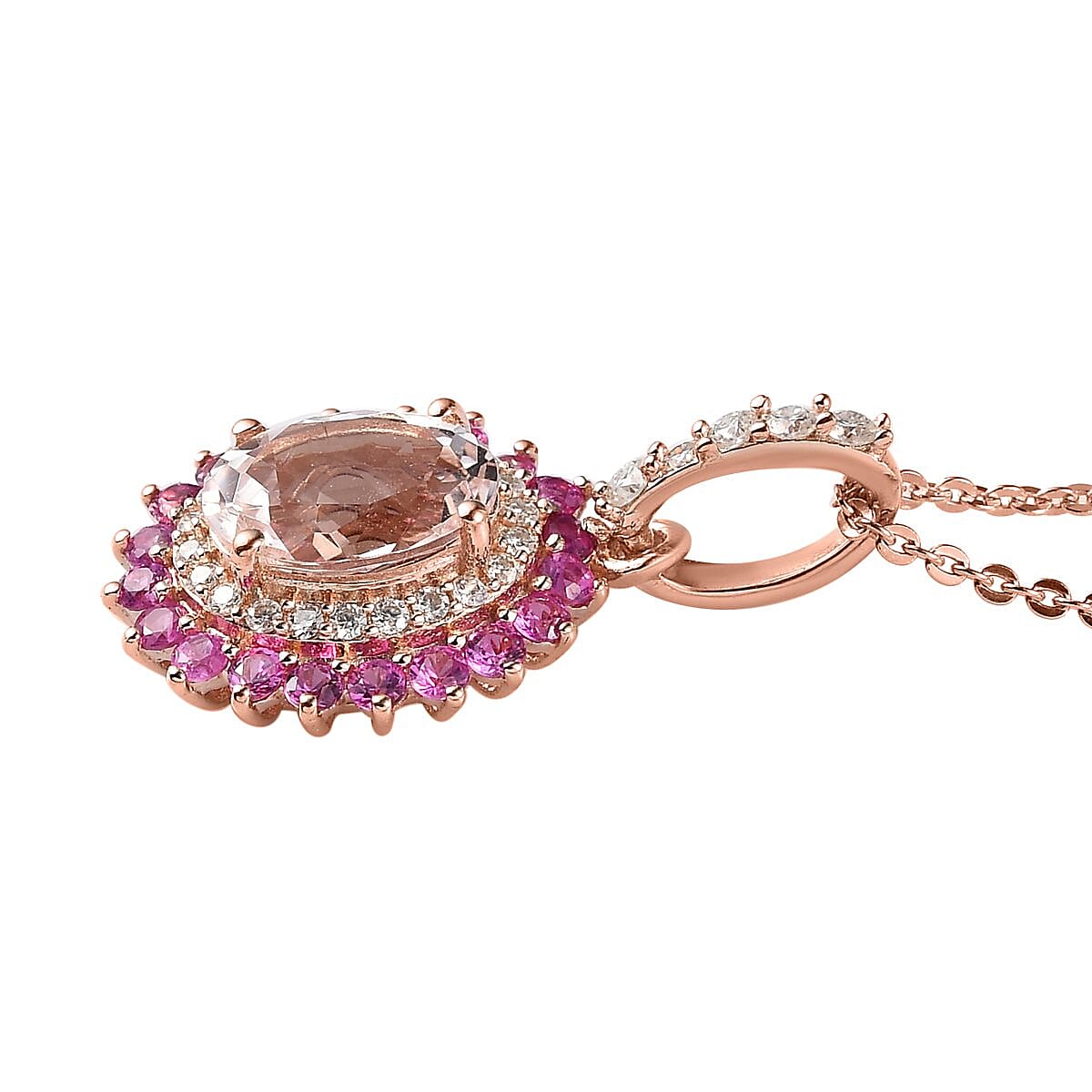 Pink Morganite and Multi Gemstone Sunburst Pendant Necklace 20 Inches in Vermeil Rose Gold Over Sterling Silver 1.65 ctw