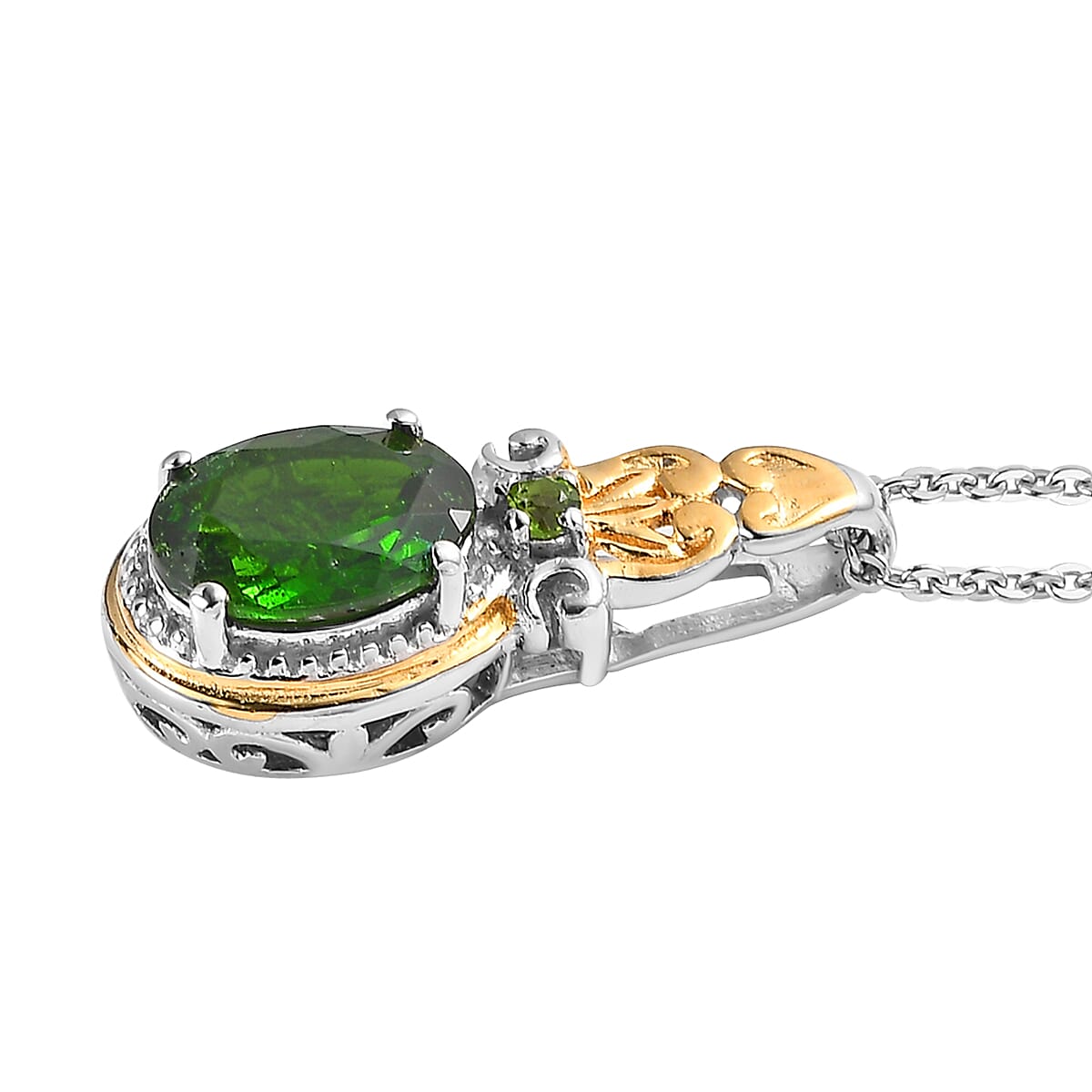 Chrome Diopside Pendant Necklace 20 Inches in Vermeil Yellow Gold and Platinum Over Sterling Silver 1.20 ctw image number 3