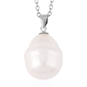 White Shell Pearl Solitaire Pendant in Rhodium Over Sterling Silver with Stainless Steel Necklace 20 Inches