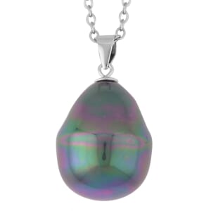 Peacock Color Shell Pearl Solitaire Pendant in Rhodium Over Sterling Silver with Stainless Steel Necklace 20 Inches