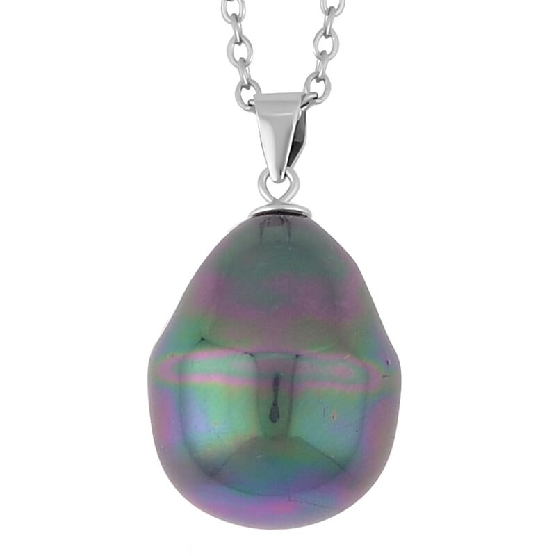 Peacock Color Shell Pearl Solitaire Pendant in Rhodium Over Sterling Silver with Stainless Steel Necklace 20 Inches