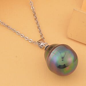 Peacock Color Shell Pearl Solitaire Pendant in Rhodium Over Sterling Silver with Stainless Steel Necklace 20 Inches
