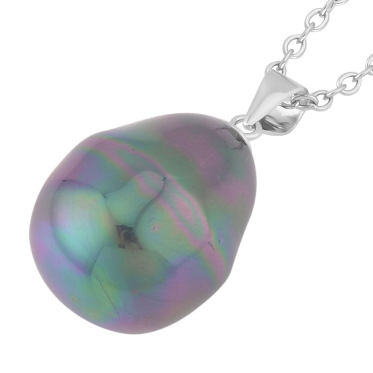 Peacock Color Shell Pearl Solitaire Pendant in Rhodium Over Sterling Silver with Stainless Steel Necklace 20 Inches image number 3
