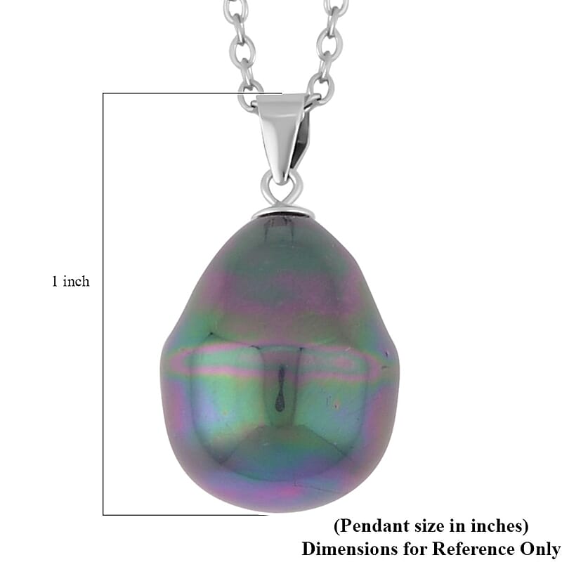 Peacock Color Shell Pearl Solitaire Pendant in Rhodium Over Sterling Silver with Stainless Steel Necklace 20 Inches