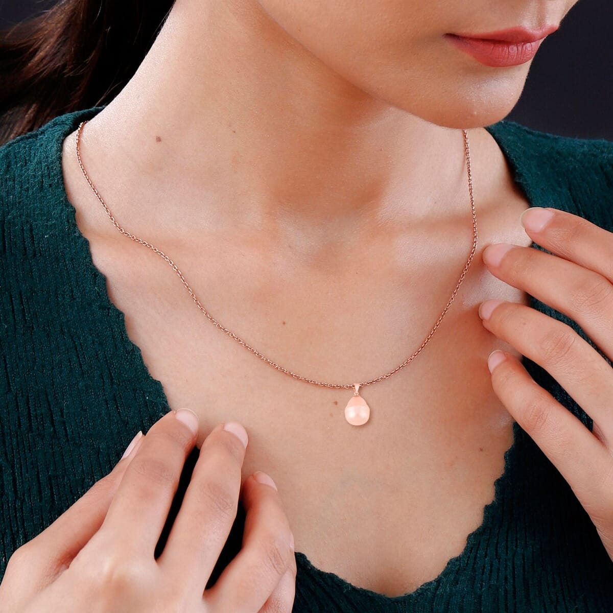 Peach Shell Pearl Solitaire Pendant in 14K Rose Gold Over Sterling Silver with ION Plated RG Stainless Steel Necklace 20 Inches image number 2