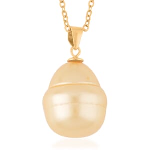 Golden Shell Pearl Solitaire Pendant in 14K Yellow Gold Over Sterling Silver with ION Plated YG Stainless Steel Necklace 20 Inches