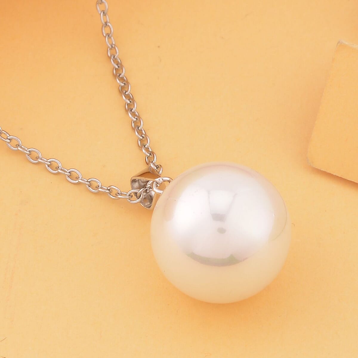 White Shell Pearl Solitaire Pendant Necklace 20 Inches in Rhodium Over Sterling Silver and Stainless Steel image number 1