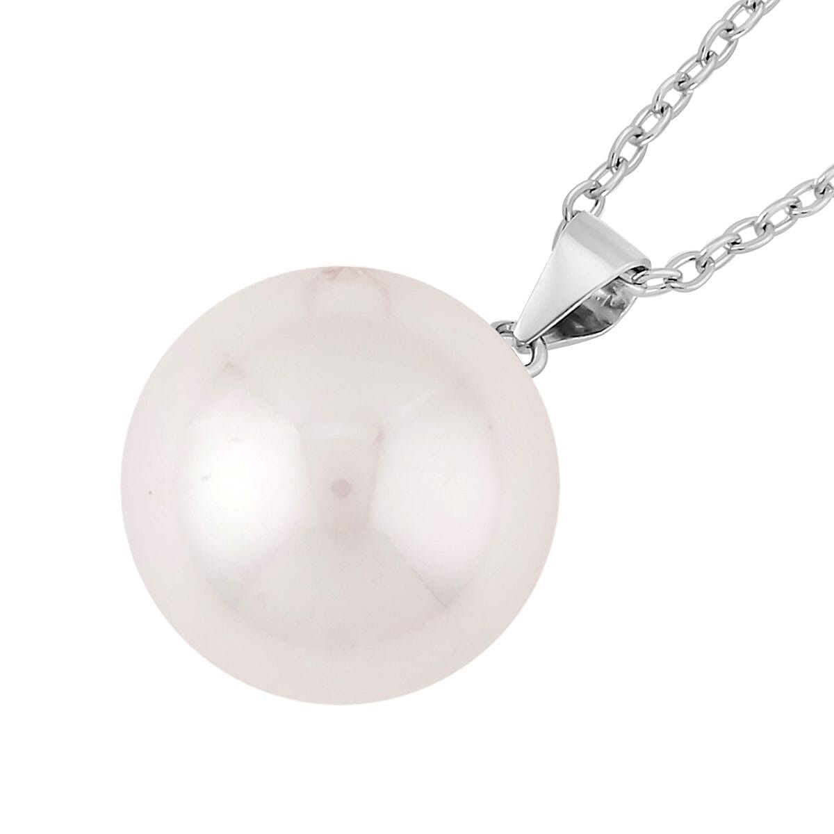 White Shell Pearl Solitaire Pendant Necklace 20 Inches in Rhodium Over Sterling Silver and Stainless Steel image number 3