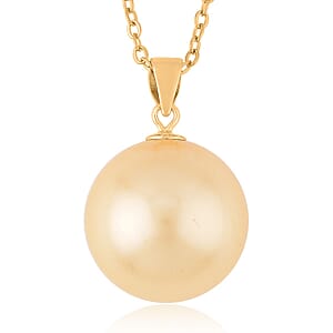 Golden Shell Pearl Solitaire Pendant in 14K Yellow Gold Over Sterling Silver wiht ION Plated YG Stainless Steel Necklace 20 Inches