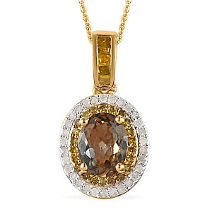 Golden Tanzanite, Yellow and White Diamond Double Halo Pendant Necklace 20 Inches in Vermeil Yellow Gold Over Sterling Silver 1.60 ctw
