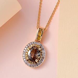 Golden Tanzanite, Yellow and White Diamond Double Halo Pendant Necklace 20 Inches in Vermeil Yellow Gold Over Sterling Silver 1.60 ctw