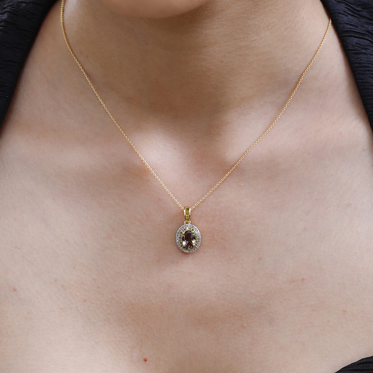 Golden Tanzanite, Yellow and White Diamond Halo Pendant Necklace 20 Inches) in Vermeil Yellow Gold Over Sterling Silver 1.70 ctw image number 2