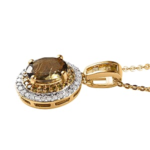 Golden Tanzanite, Yellow and White Diamond Double Halo Pendant Necklace 20 Inches in Vermeil Yellow Gold Over Sterling Silver 1.60 ctw