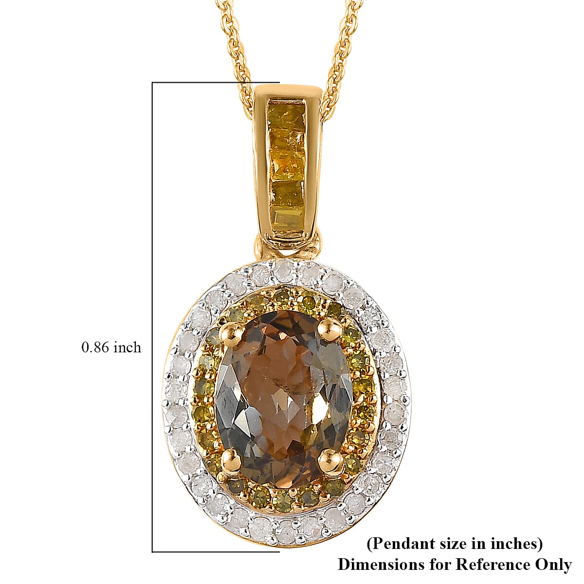 Golden Tanzanite, Yellow and White Diamond Double Halo Pendant Necklace 20 Inches in Vermeil Yellow Gold Over Sterling Silver 1.60 ctw
