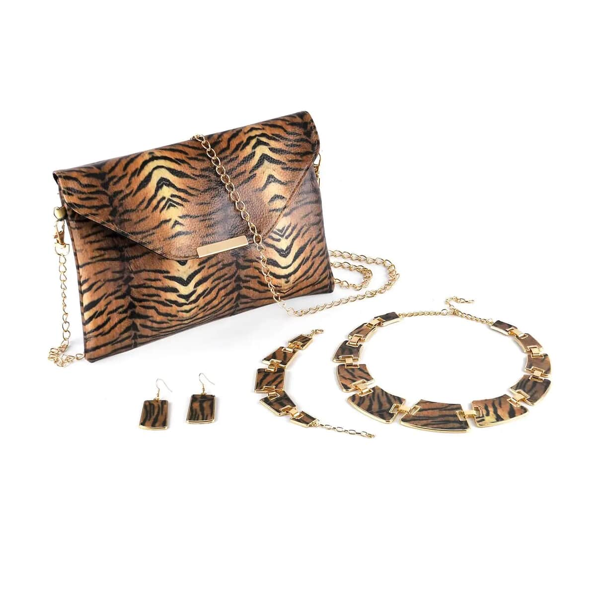 TLV Brown and Black Tiger Print Faux Leather Clutch Bag (25"x18"x2") with Necklace (20-22 Inches), Bracelet (7.25-9.5In) and Earrings in Goldtone image number 0