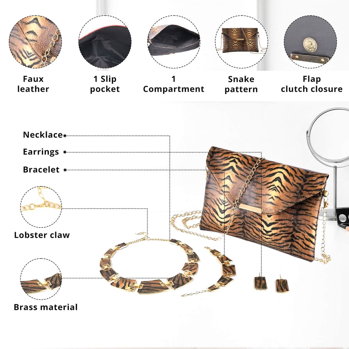 TLV Brown and Black Tiger Print Faux Leather Clutch Bag (25"x18"x2") with Necklace (20-22 Inches), Bracelet (7.25-9.5In) and Earrings in Goldtone image number 2