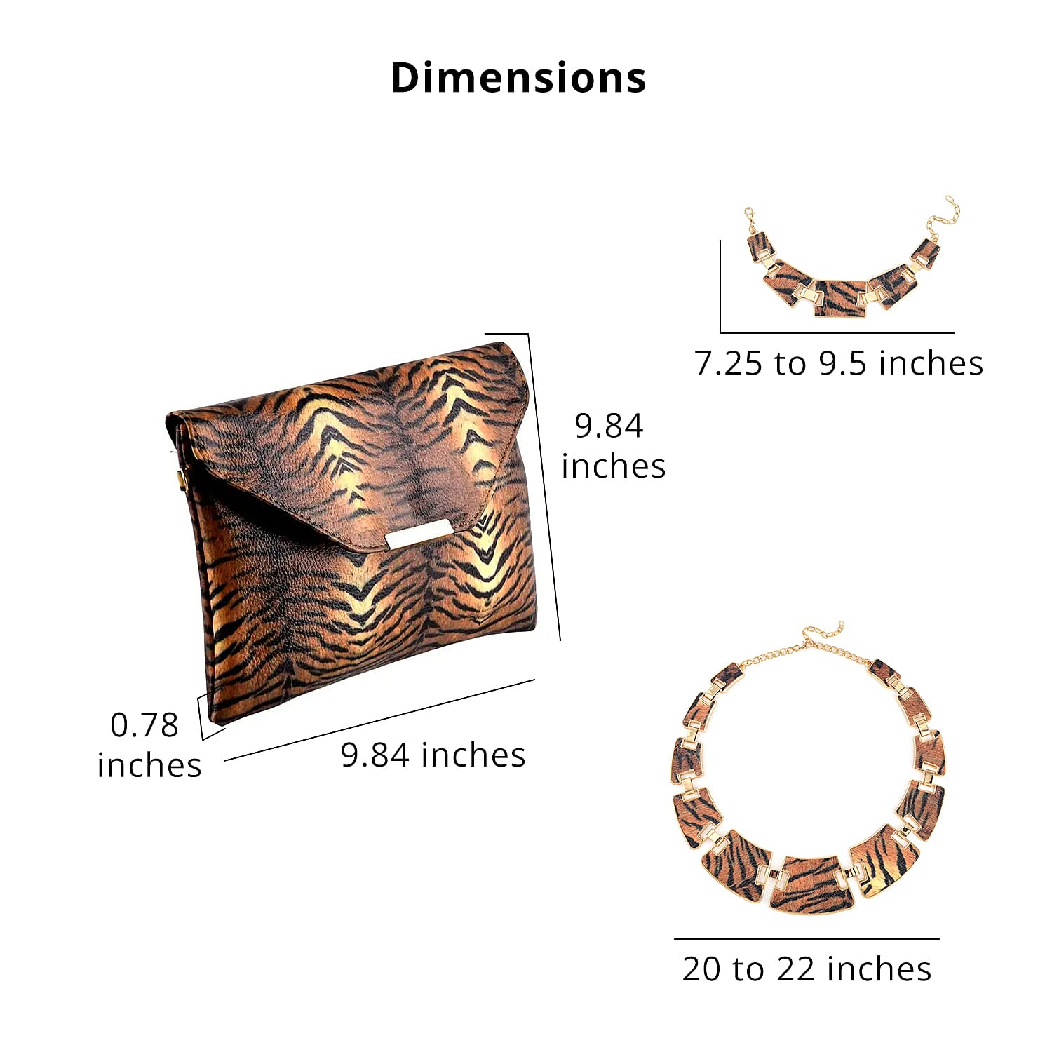 Brown and Black Tiger Print Faux Leather Clutch Bag with Necklace 20-22 Inches, Bracelet (7.25-9.5In) and Earrings in Goldtone