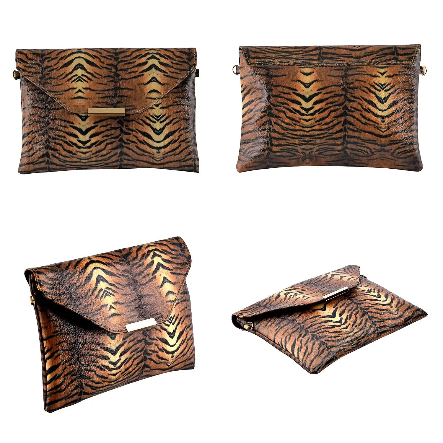 Brown and Black Tiger Print Faux Leather Clutch Bag with Necklace 20-22 Inches, Bracelet (7.25-9.5In) and Earrings in Goldtone