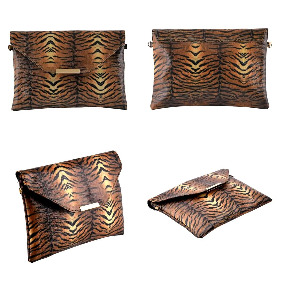 TLV Brown and Black Tiger Print Faux Leather Clutch Bag (25"x18"x2") with Necklace (20-22 Inches), Bracelet (7.25-9.5In) and Earrings in Goldtone image number 5