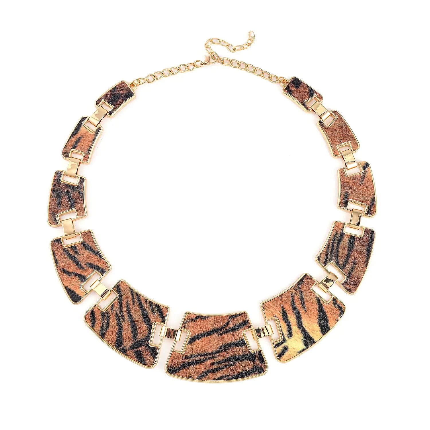 Brown and Black Tiger Print Faux Leather Clutch Bag with Necklace 20-22 Inches, Bracelet (7.25-9.5In) and Earrings in Goldtone