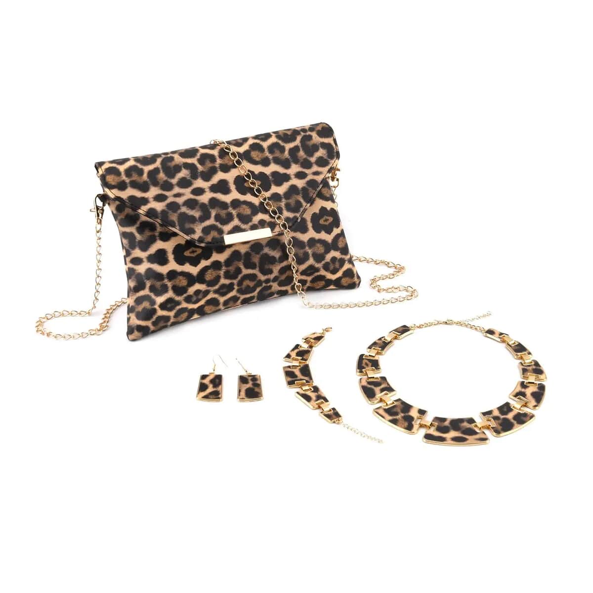 Khaki and Black Leopard Print Faux Leather Clutch Bag with Necklace 20-22 Inches, Bracelet (7.25-9.5In) and Earrings in Goldtone image number 0