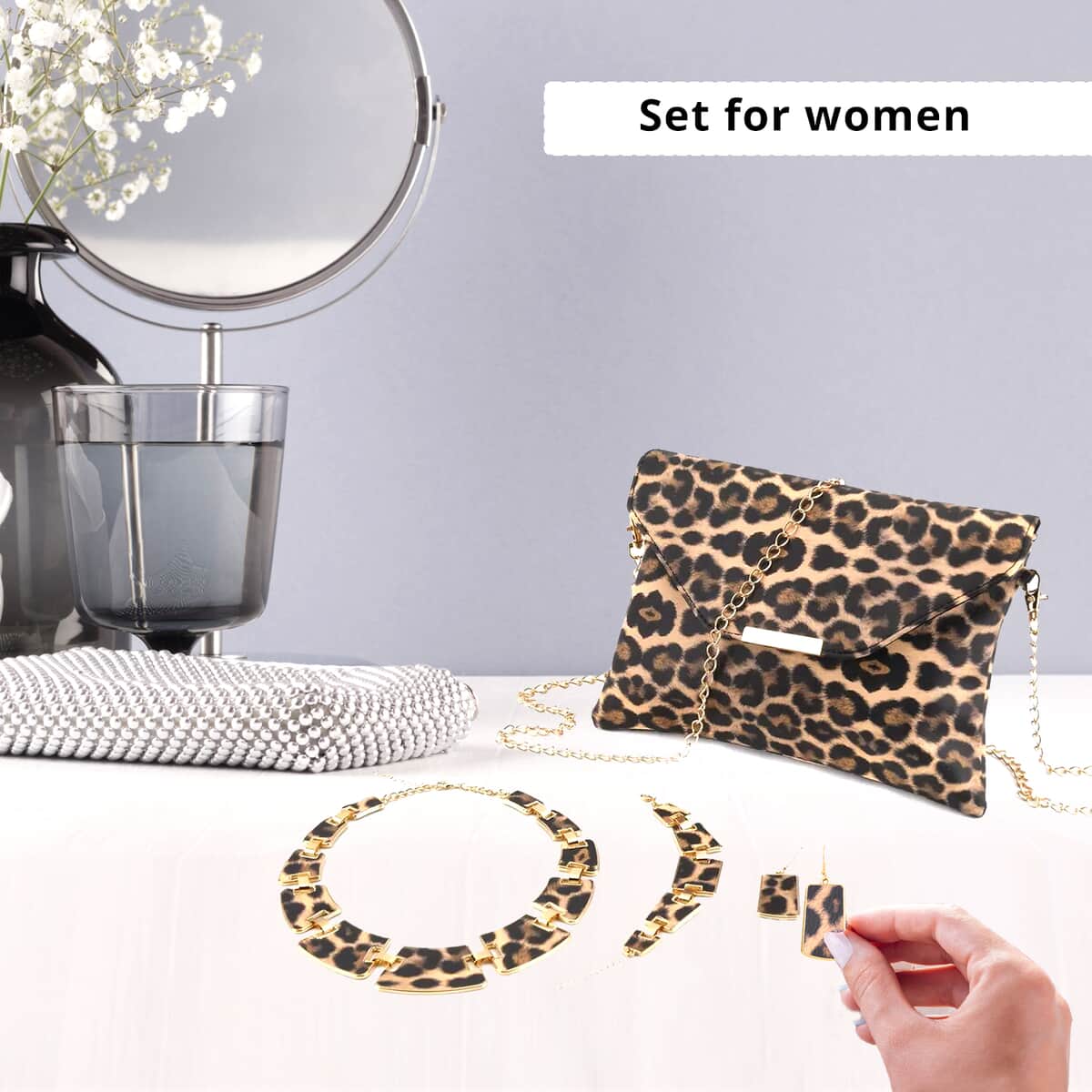 Khaki and Black Leopard Print Faux Leather Clutch Bag with Necklace 20-22 Inches, Bracelet (7.25-9.5In) and Earrings in Goldtone image number 1