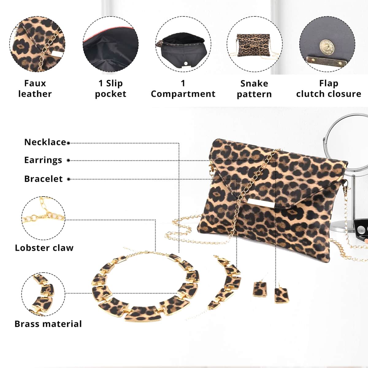 Khaki and Black Leopard Print Faux Leather Clutch Bag with Necklace 20-22 Inches, Bracelet (7.25-9.5In) and Earrings in Goldtone image number 2