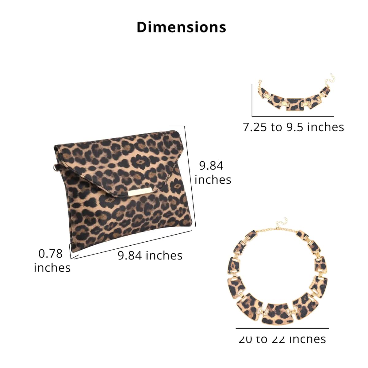 Khaki and Black Leopard Print Faux Leather Clutch Bag with Necklace 20-22 Inches, Bracelet (7.25-9.5In) and Earrings in Goldtone image number 4