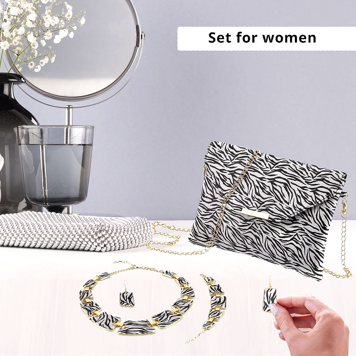 White and Black Zebra Print Faux Leather Clutch Bag with Necklace 20-22 Inches, Bracelet (7.25-9.5In) and Earrings in Goldtone image number 1