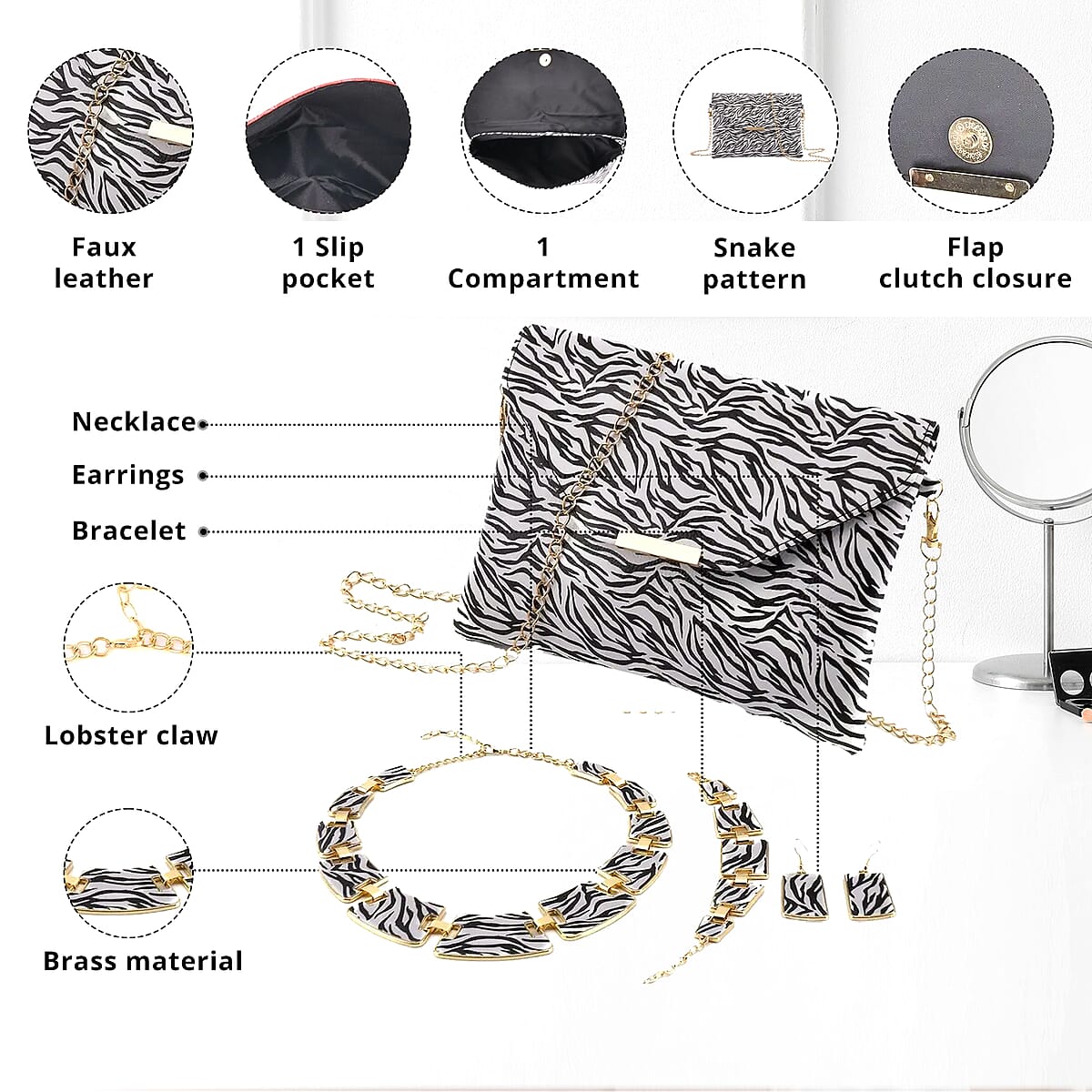 White and Black Zebra Print Faux Leather Clutch Bag with Necklace 20-22 Inches, Bracelet (7.25-9.5In) and Earrings in Goldtone image number 2
