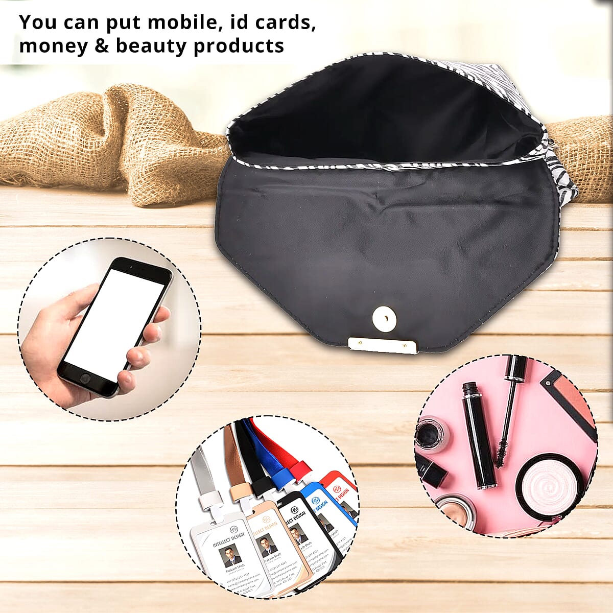 White and Black Zebra Print Faux Leather Clutch Bag with Necklace 20-22 Inches, Bracelet (7.25-9.5In) and Earrings in Goldtone image number 3