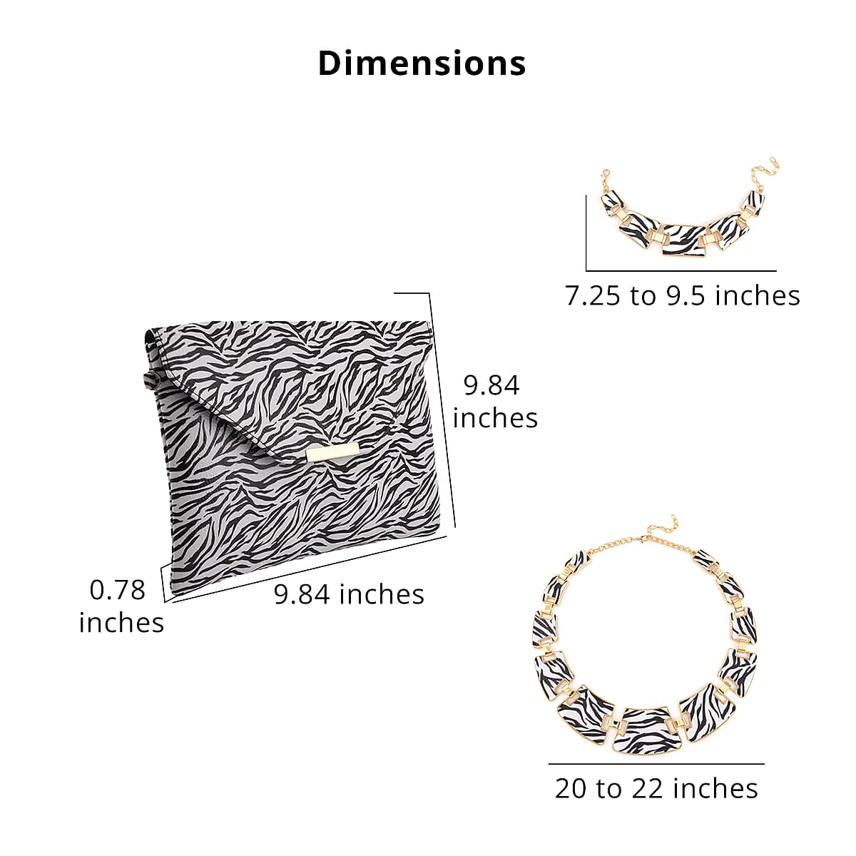 White and Black Zebra Print Faux Leather Clutch Bag with Necklace 20-22 Inches, Bracelet (7.25-9.5In) and Earrings in Goldtone image number 4