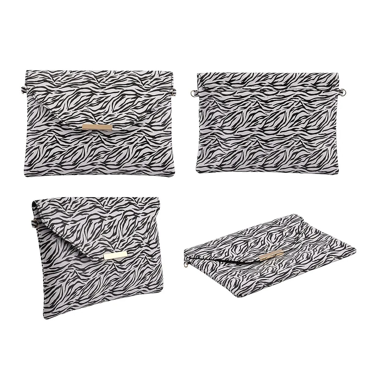 White and Black Zebra Print Faux Leather Clutch Bag with Necklace 20-22 Inches, Bracelet (7.25-9.5In) and Earrings in Goldtone image number 5