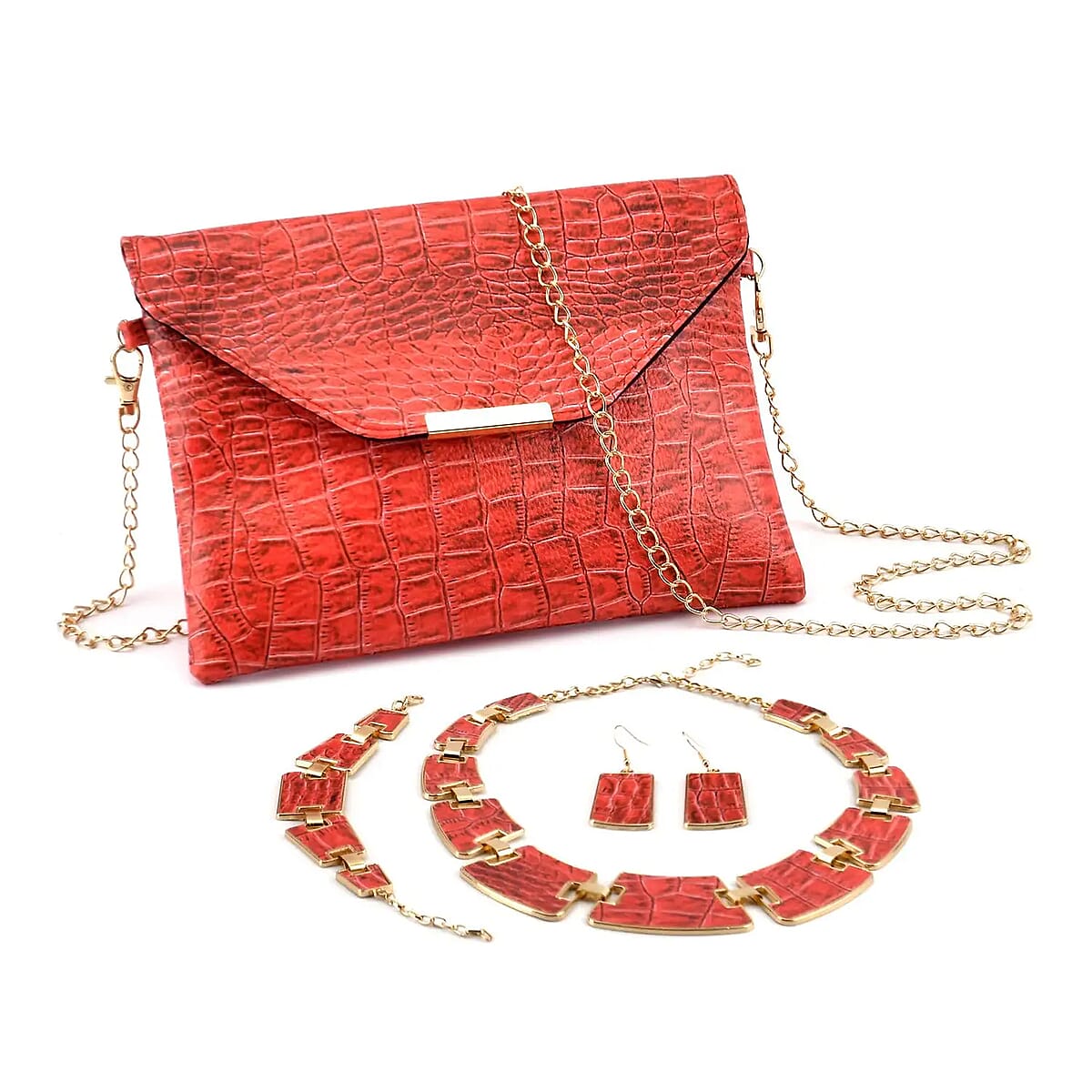 Red Alligator Print Faux Leather Clutch Bag with Necklace 20-22 Inches, Bracelet (7.25-9.5In) and Earrings in Goldtone image number 0