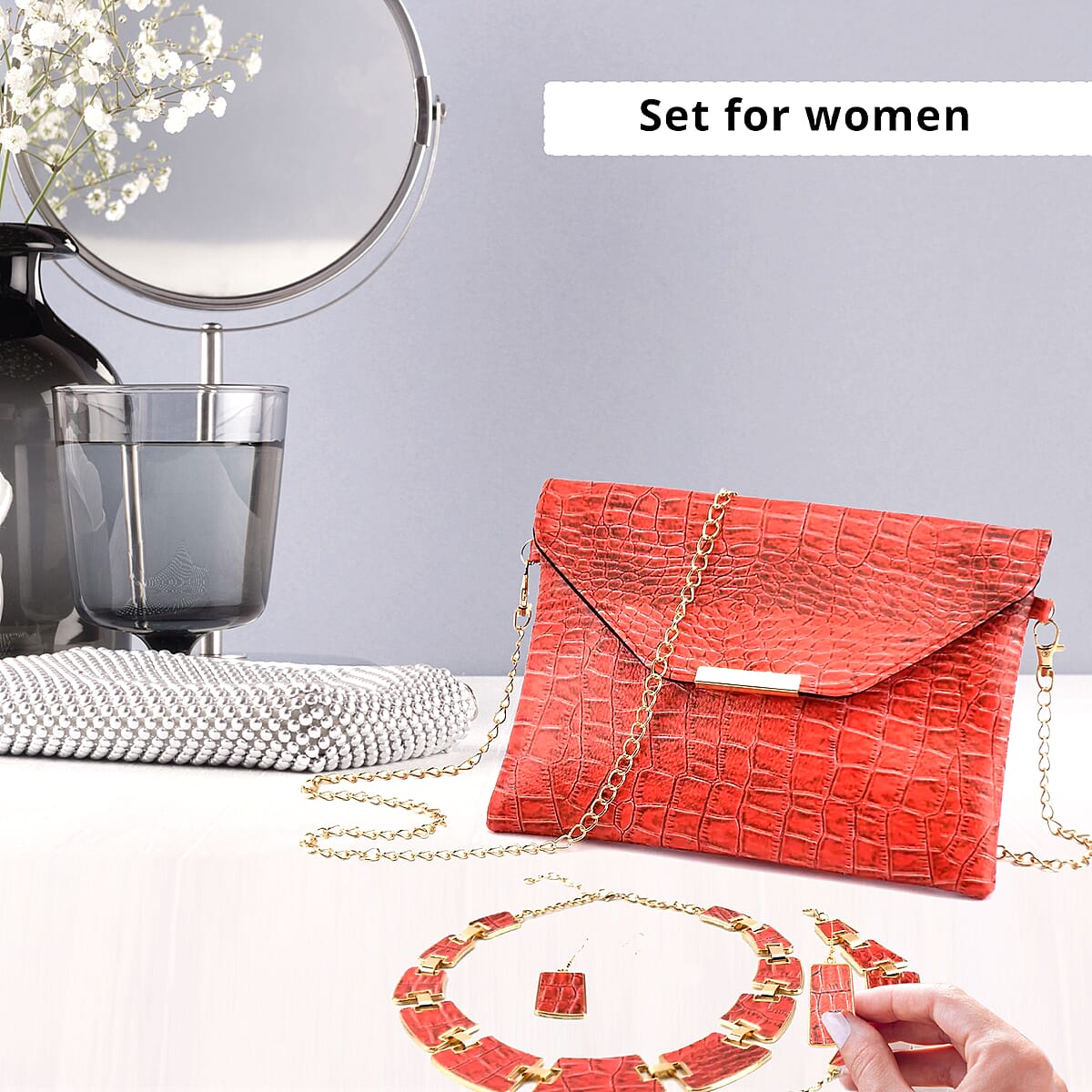 Red Alligator Print Faux Leather Clutch Bag with Necklace 20-22 Inches, Bracelet (7.25-9.5In) and Earrings in Goldtone image number 1