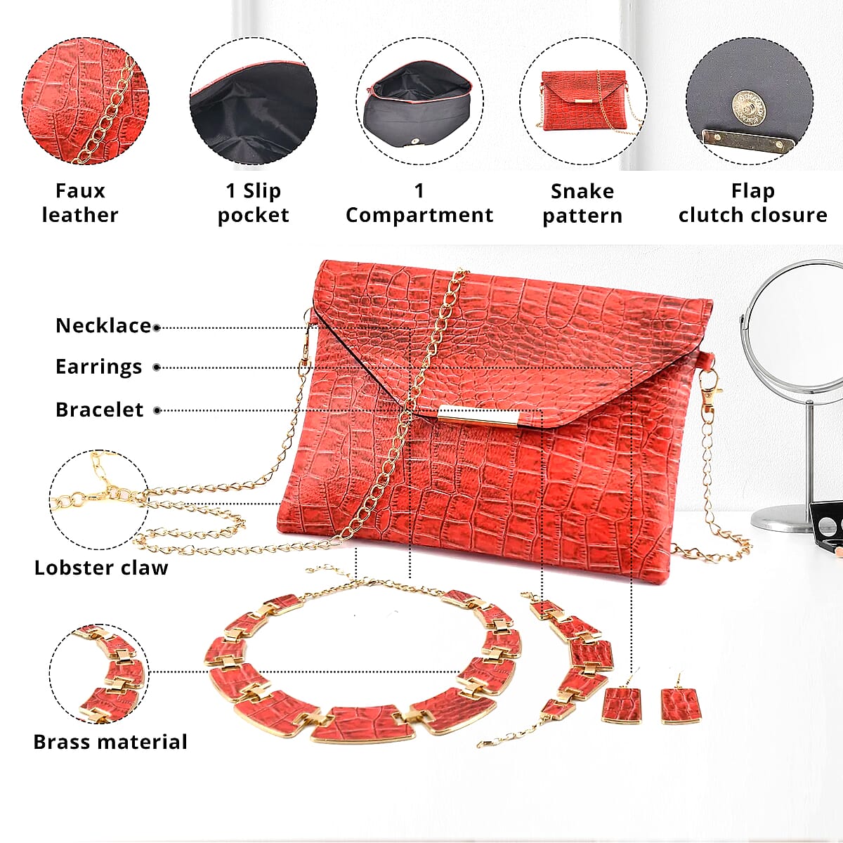 Red Alligator Print Faux Leather Clutch Bag with Necklace 20-22 Inches, Bracelet (7.25-9.5In) and Earrings in Goldtone image number 2