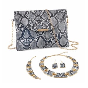 Black and White Snake Print Faux Leather Clutch Bag (25x18x2) with Necklace (20-22 Inches), Bracelet (7.25-9.5In) and Earrings in Goldtone