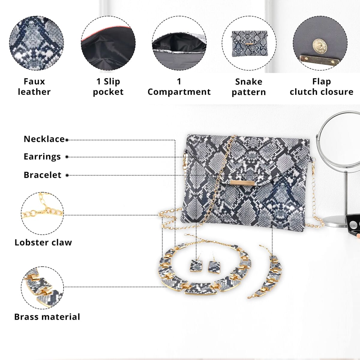 Black and White Snake Print Faux Leather Clutch Bag (25x18x2) with Necklace (20-22 Inches), Bracelet (7.25-9.5In) and Earrings in Goldtone image number 2