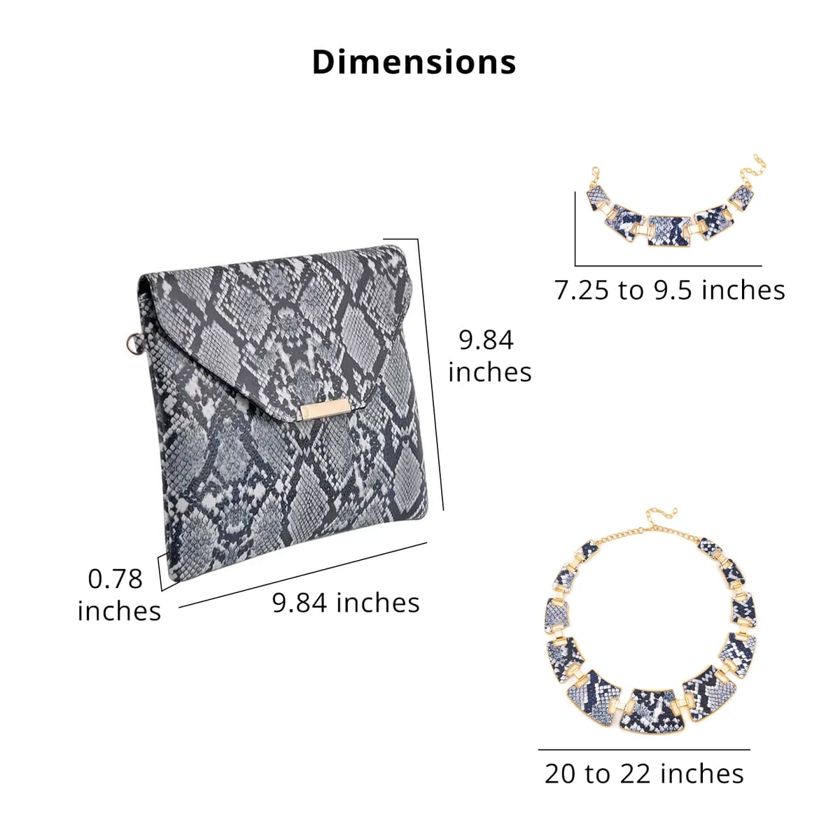 Black and White Snake Print Faux Leather Clutch Bag (25x18x2) with Necklace (20-22 Inches), Bracelet (7.25-9.5In) and Earrings in Goldtone image number 4