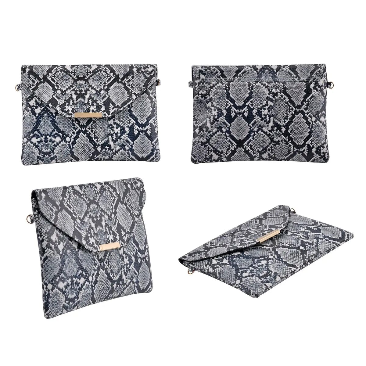 Black and White Snake Print Faux Leather Clutch Bag (25x18x2) with Necklace (20-22 Inches), Bracelet (7.25-9.5In) and Earrings in Goldtone image number 5
