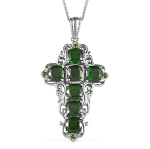 Chrome Diopside Cross Pendant Necklace 20 Inches in Platinum Over Sterling Silver 7.30 ctw